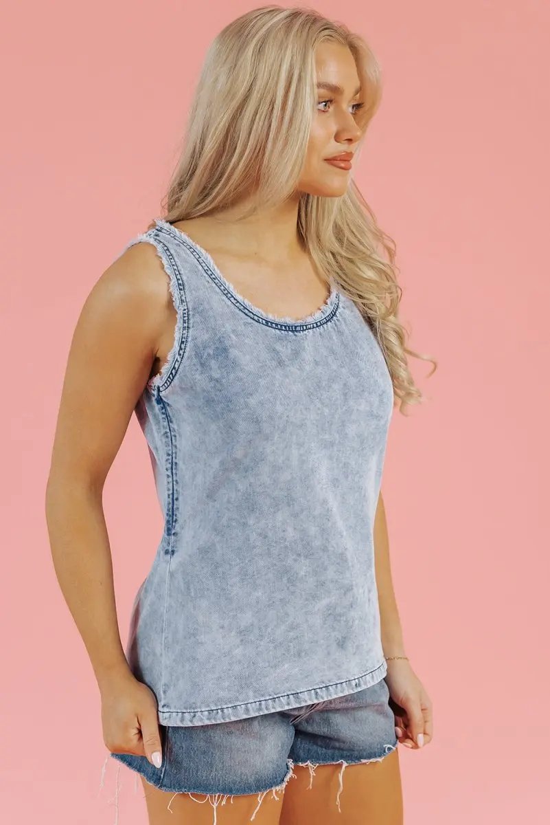 Beau Blue Mineral Wash Denim Frayed U Neck Sleeveless Top - Love Salve